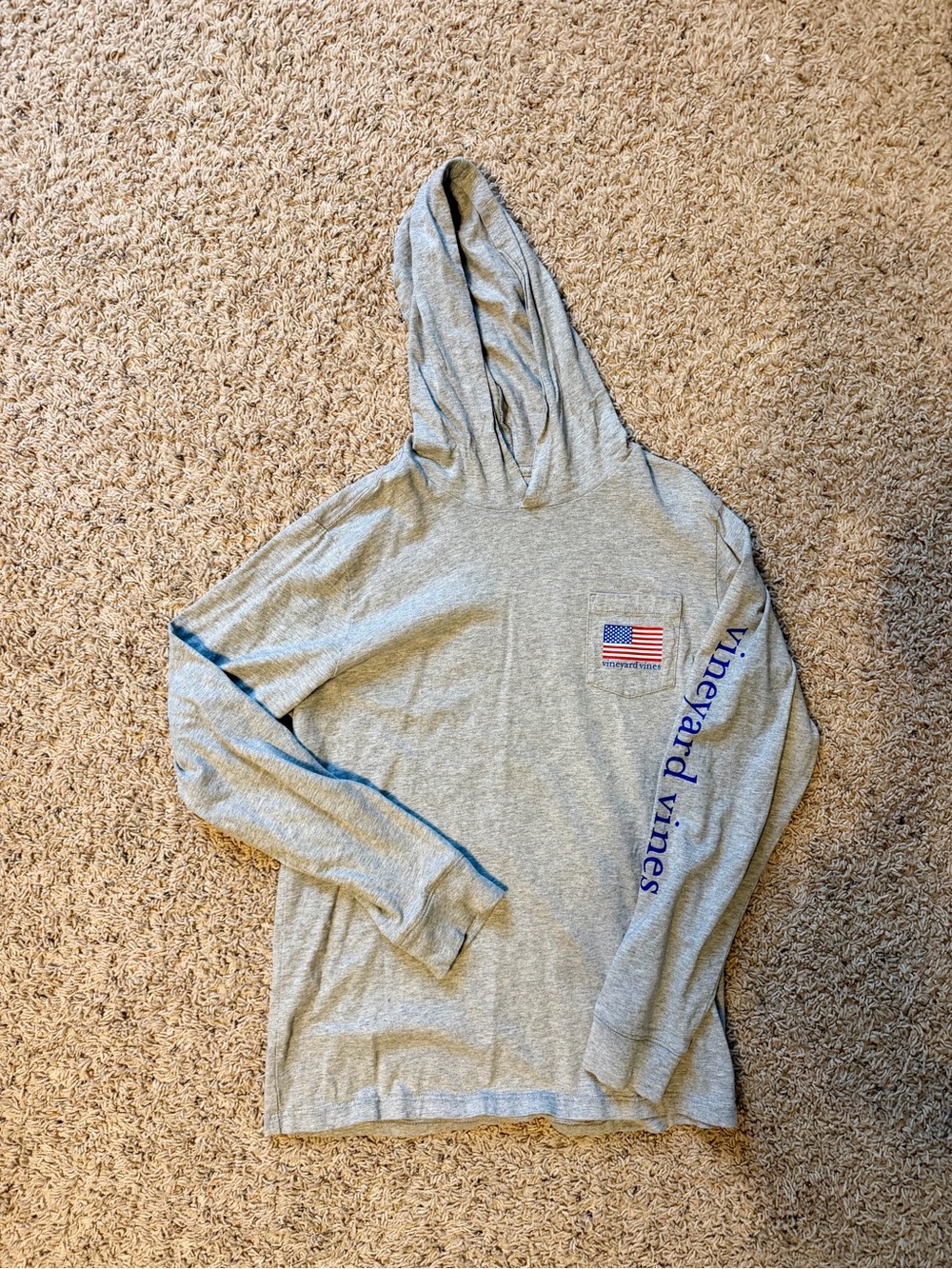 Vineyard Vines Boys Gray Hooded Long-Sleeve Lacrosse Tee with Flag Detail.